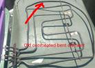 Old element warped through overheating, melted through at one point